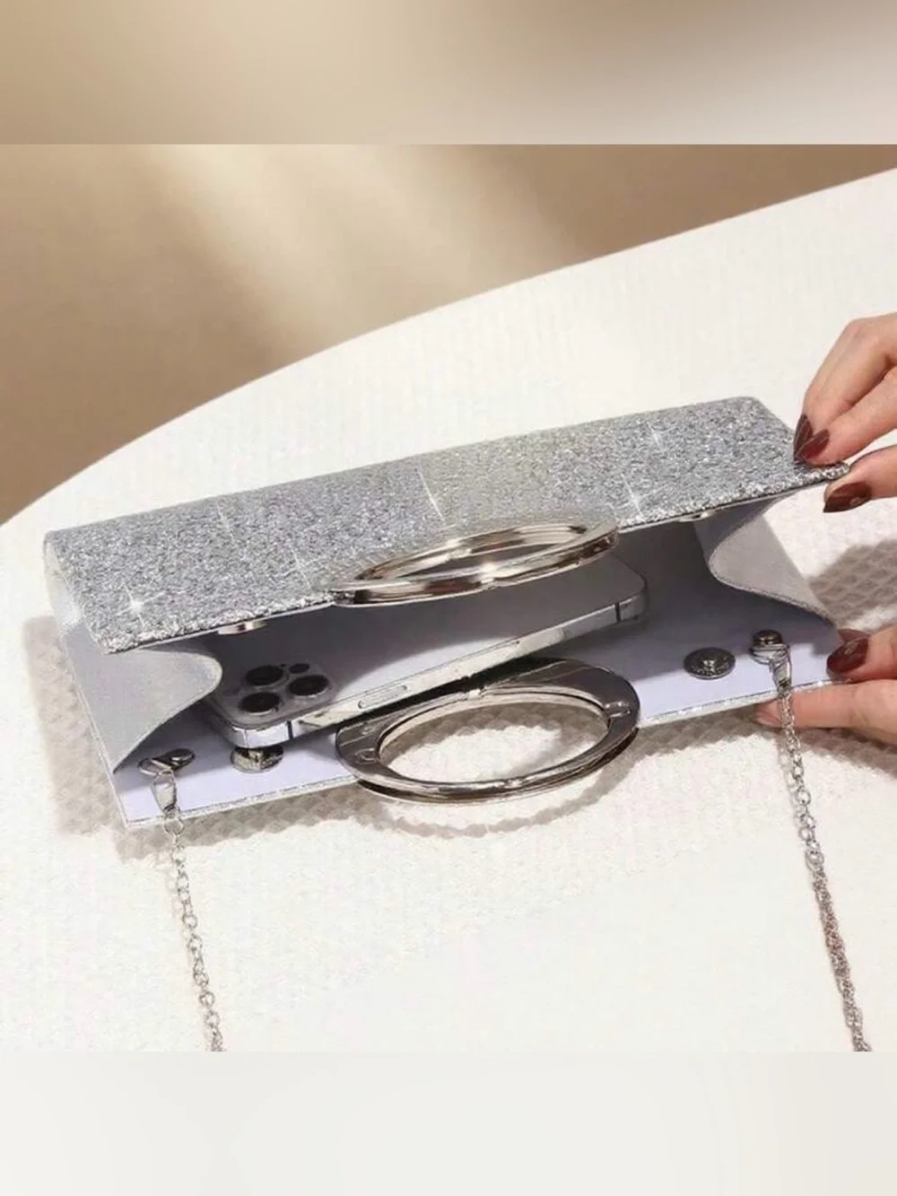 Silver Glitter Evening Clutch with Decorative Handle